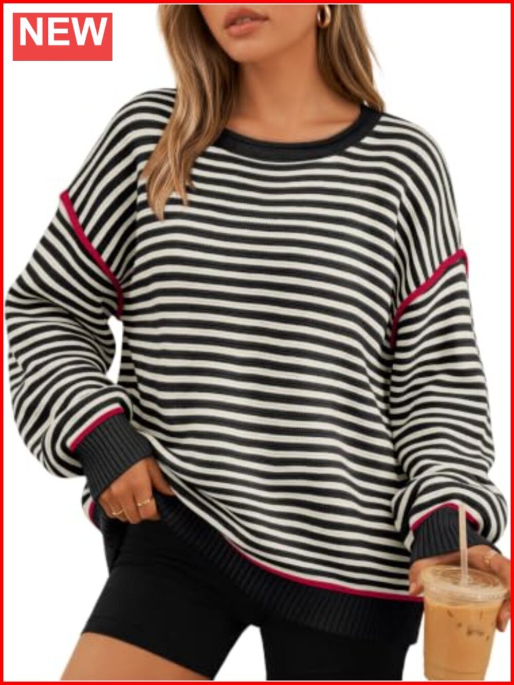 Women's Striped Oversized Cotton Blend Sweater Pullover Crew Neck
